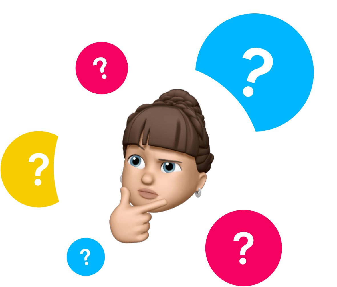 Soru işaretleri ile çevrelenmiş düşünceli kadın